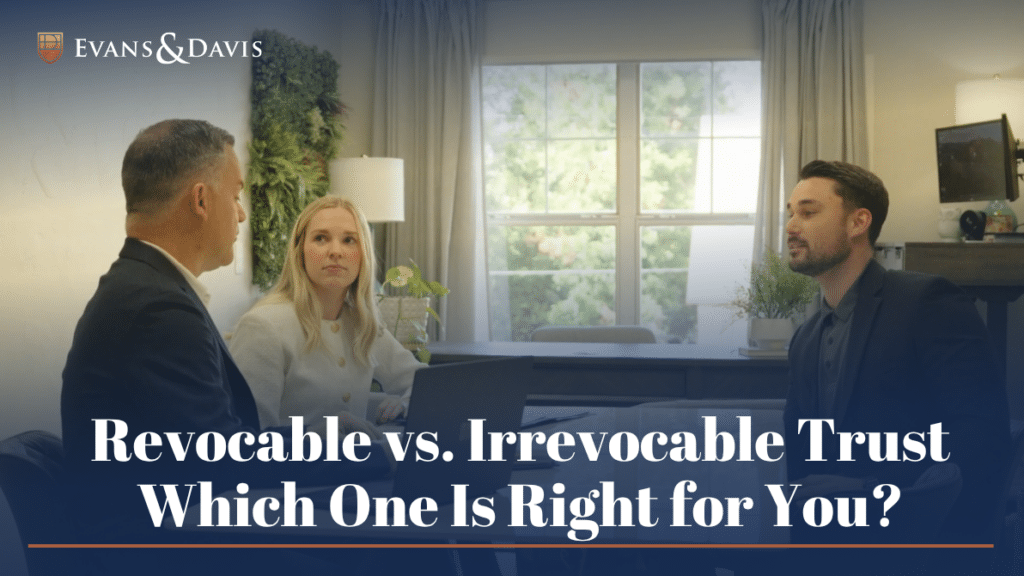 A couple meeting with an attorney to decide whether a revocable or irrevocable trust is right for them